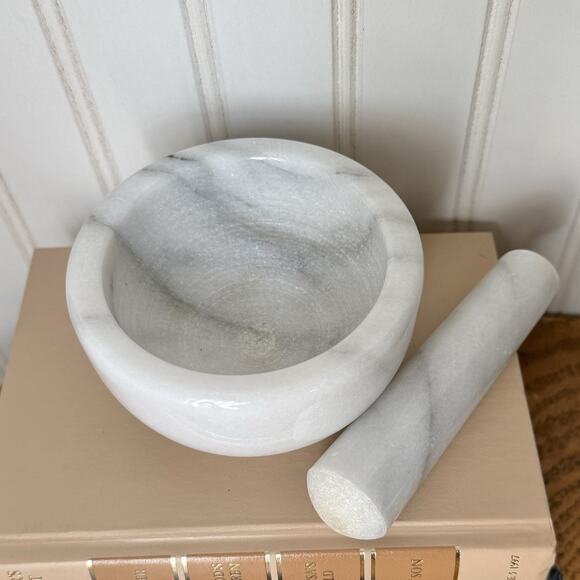 Marble Mortar and Pestle Apothecary Heavy White & Grey Herbs Spices Classic - Picture 3 of 4